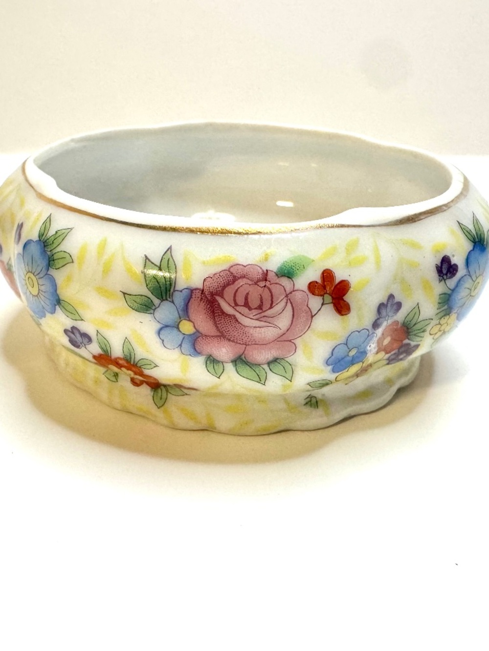 Gold Castle Floral Porcelain Open Salt Round Dish 2.5" Glazed Vintage Multicolor